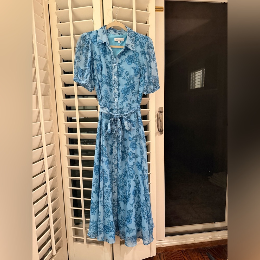 Derek Lam Collective Blue Floral Midi Shirt Dress with Tie Waist